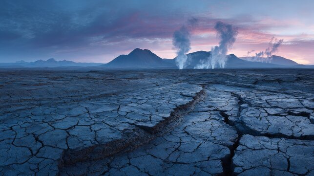 A cracked earth plain stretches to distant mountains under a twilight sky; steam plumes rise
