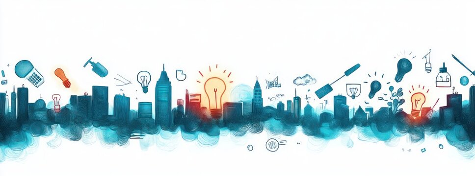 Abstract city skyline silhouette with illustrations of light bulbs, tools, and creative elements emerging from blue smoky base conveying innovation and bright ideas