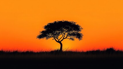 Solitary tree silhouette standing on grassland against a vibrant orange sunset sky, evoking calmness and natural beauty