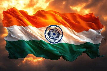 Vibrant tricolor flag with orange, white, and green bands and central navy blue wheel, fluttering dramatically against a glowing golden sky with clouds.