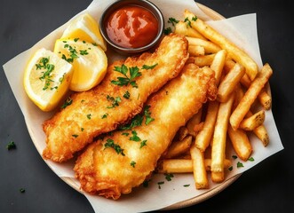 Plate of crispy golden battered fish fillets served with french fries, lemon wedges, a side of red dipping sauce, and garnished with fresh herbs