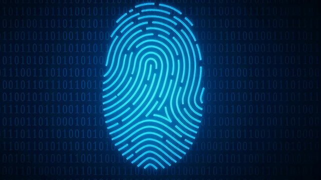 Glowing Blue Digital Fingerprint Design on Dark Binary Code Background Symbolizing Security and Technology in Identification