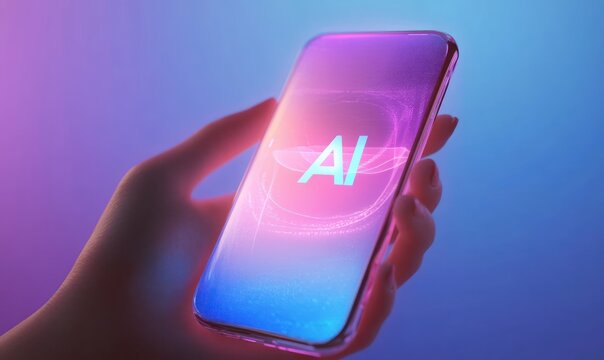 Close-up of a hand holding a modern smartphone displaying glowing AI text with futuristic light effects in a blue and purple gradient background