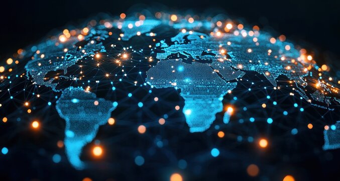 Abstract digital representation of a global network with illuminated blue continents and interconnected glowing nodes symbolizing worldwide communication and data exchange