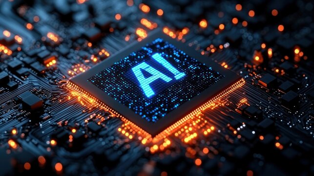 Close-up view of a computer microchip with glowing circuitry and the letters AI illuminated in blue on the chip surrounded by orange and blue lights