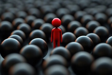 Fototapeta premium Red figure standing alone amidst numerous black spheres with textured surfaces, conveying a sense of isolation and uniqueness in a dark environment