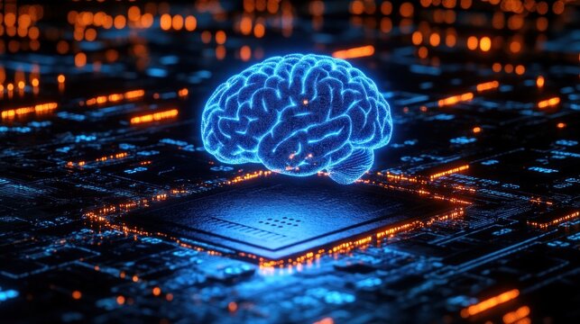 Glowing blue digital brain hovering above a high-tech microchip with illuminated circuits in dark futuristic environment
