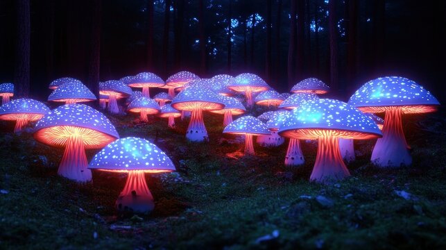 A mystical forest scene illuminated by glowing blue and orange bioluminescent mushrooms spreading softly on the forest floor at night