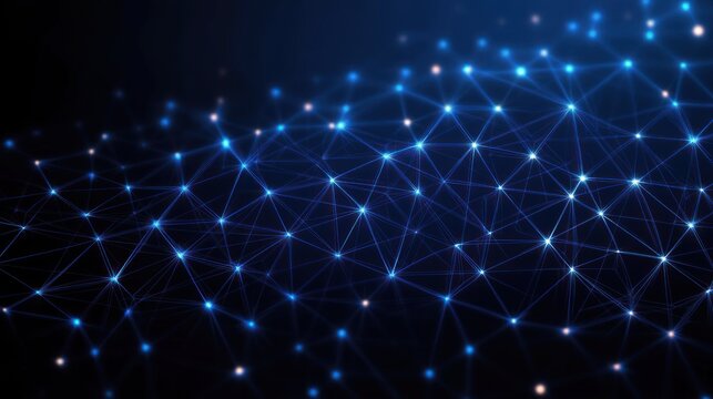 Abstract dark background with glowing blue interconnected points forming a network of lines symbolizing digital connectivity and data flow - Powered by Adobe