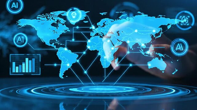 Futuristic AI World Map Interface with Man's Hand Touch Point