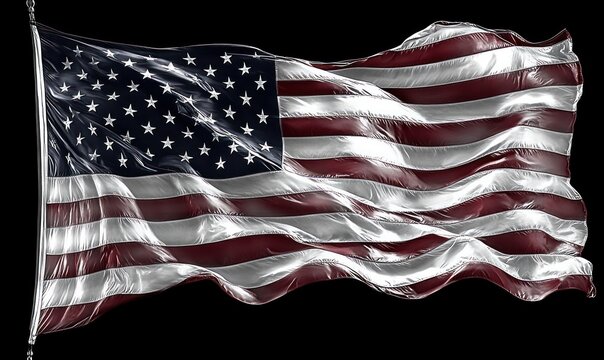 The United States flag waving against a black background with prominent red and white stripes and white stars on a blue field, symbolizing patriotism and national pride - Powered by Adobe