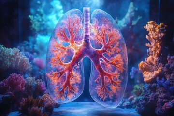 Glowing anatomical human lungs with detailed bronchial tree structure surrounded by vibrant underwater coral reef environment
