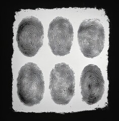 Six distinct black fingerprint impressions arranged in two rows on a white textured background with a rough border, emphasizing uniqueness and identification