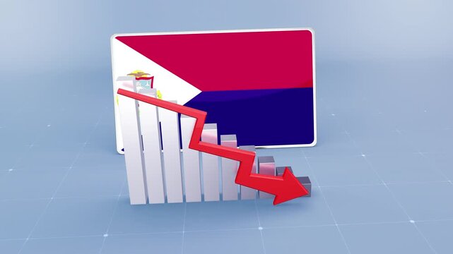 Saint Martin Flag and Bar Chart Graph Showing Decreasing Values a Red Arrow Economic Crisis Concept
