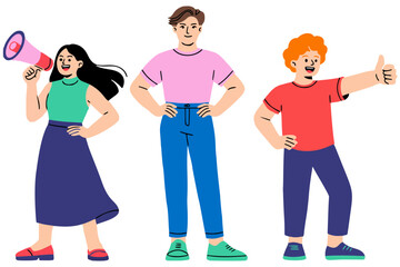 Colorful flat illustration of three young people: a woman speaking through a megaphone, a man standing confidently, and a man giving a thumbs-up gesture.