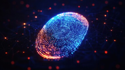 Glowing digital fingerprint composed of vibrant blue and orange light dots connected by network lines on a dark background symbolizing cybersecurity and identity verification