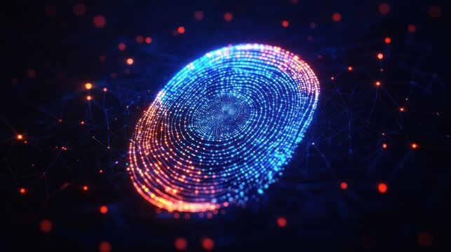 Glowing digital fingerprint composed of vibrant blue and orange light dots connected by network lines on a dark background symbolizing cybersecurity and identity verification - Powered by Adobe