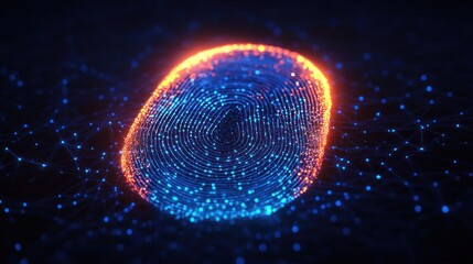 Digital fingerprint glowing in blue and orange surrounded by a connected network of blue dots representing biometric security and data connectivity