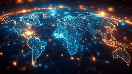 Illuminated digital world map showcasing continents connected by glowing network lines and nodes symbolizing global connectivity and data flow