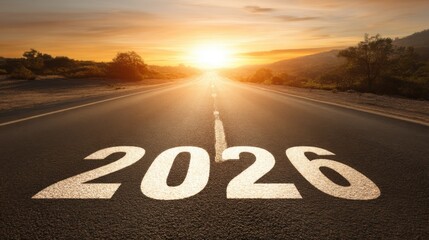 Sunset Road Leading to Future with 2026 Painted on Asphalt