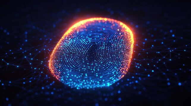 Digital fingerprint glowing in blue and orange surrounded by a connected network of blue dots representing biometric security and data connectivity