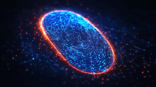 Glowing digital fingerprint with blue circuitry patterns and red illuminated perimeter on a dark background representing biometric security and technology - Powered by Adobe