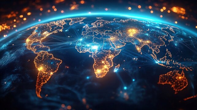 Illuminated globe showing continents with bright city lights and interconnected digital network lines highlighting global connectivity at night