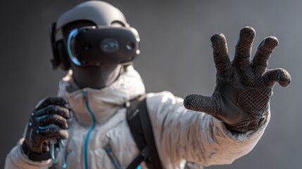A person, wearing a VR headset and gloves, reaches out with their hand against a blurred background, as if interacting with a digital world