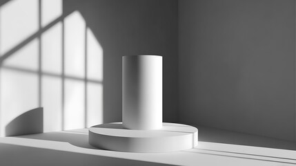 Fototapeta premium Minimalist white cylinder on pedestal with window light high resolution photo