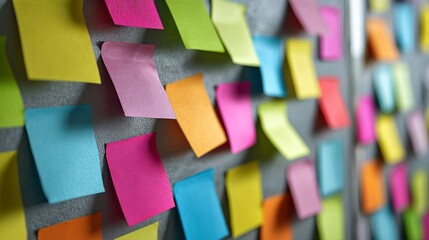 Close-up of numerous colorful adhesive notes attached to a gray surface, suggesting planning or brainstorming