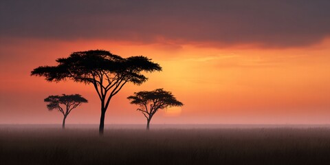 Sunset silhouettes of acacia trees african savanna landscape photography tranquil environment wide angle view nature's beauty