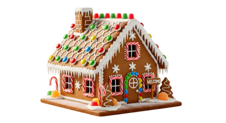 A festive Christmas gingerbread house decorated with colorful candy and white icing, isolated on a white background
