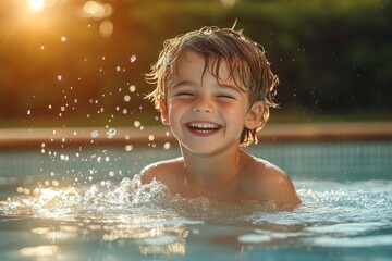 Young child joyfully playing and splashing water in a sunlit swimming pool during golden hour
