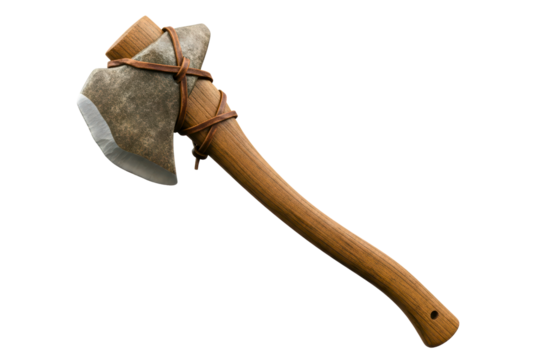Prehistoric stone axe with a wooden handle and leather bindings on a transparent background