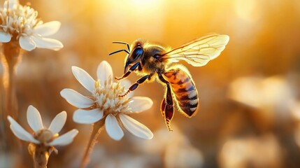 Close-up of a bee hovering near white flowers at golden hour with warm sunlight creating a peaceful and vibrant atmosphere