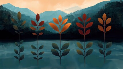 Serene scene of stylized plants with warm colored leaves reflected in calm water against misty blue mountains at sunset