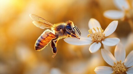 close-up of a bee collecting nectar from a white flower with warm golden background lighting