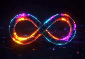 Glowing infinity symbol with vibrant neon colors in red, orange, blue, and purple on a dark background emitting a futuristic and energetic vibe