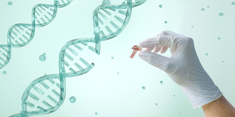 A hand showing section of DNA is breaking apart. The concept of genome editing. Innovative methods to treat genetic diseases. Genetic medicine	