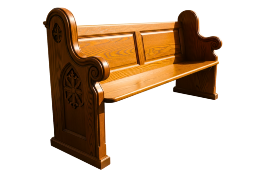 Traditional wooden church pew on a transparent background