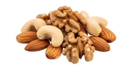 A nutritious assortment of assorted nuts, including almonds, cashews, and walnuts, presented in a healthy pile on a white background