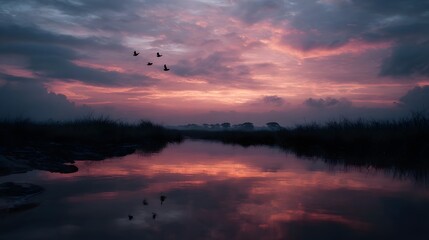 A dramatic sunset with silhouetted birds flying over a reflective river painted in vibrant pink and purple hues