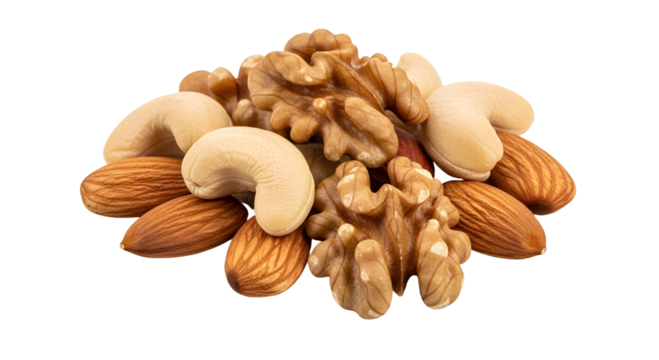 A nutritious assortment of assorted nuts, including almonds, cashews, and walnuts, presented in a healthy pile on a white background