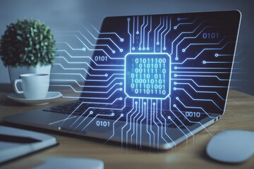 Digital circuit board on laptop screen with binary code and network data