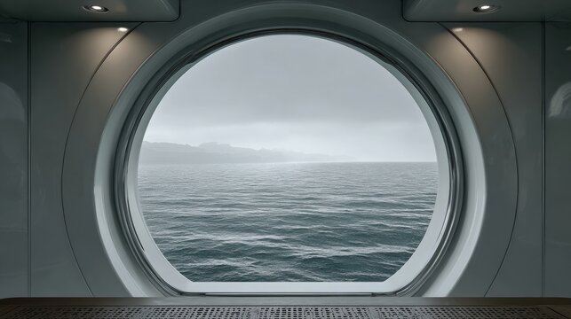 A round, white framed window offers a somber view of the sea and distant hills on a cloudy day, inside a pale interior