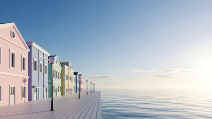 Row of pastel-colored houses by calm sea under soft morning light. Peaceful coastal scenery with minimalist clean tone.