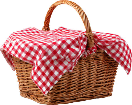 Wicker basket picnic basket red checkered cloth gingham fabric woven handle carry - Powered by Adobe