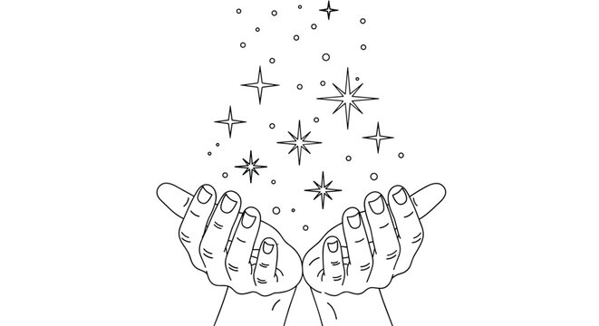 Outline drawing of two cupped hands releasing a magical upward stream of sparkling stars and light particles on a white background.