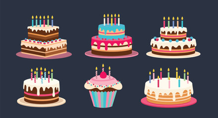 Set of delicious and colorful birthday cakes with lit candles, featuring different designs and frosting, ready for a party.