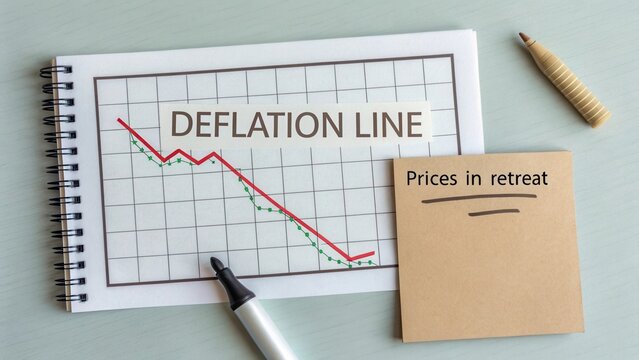 Graph Showing Deflation Line with Declining Prices and Notepad Note Highlighting Economic Trends and Financial Analysis